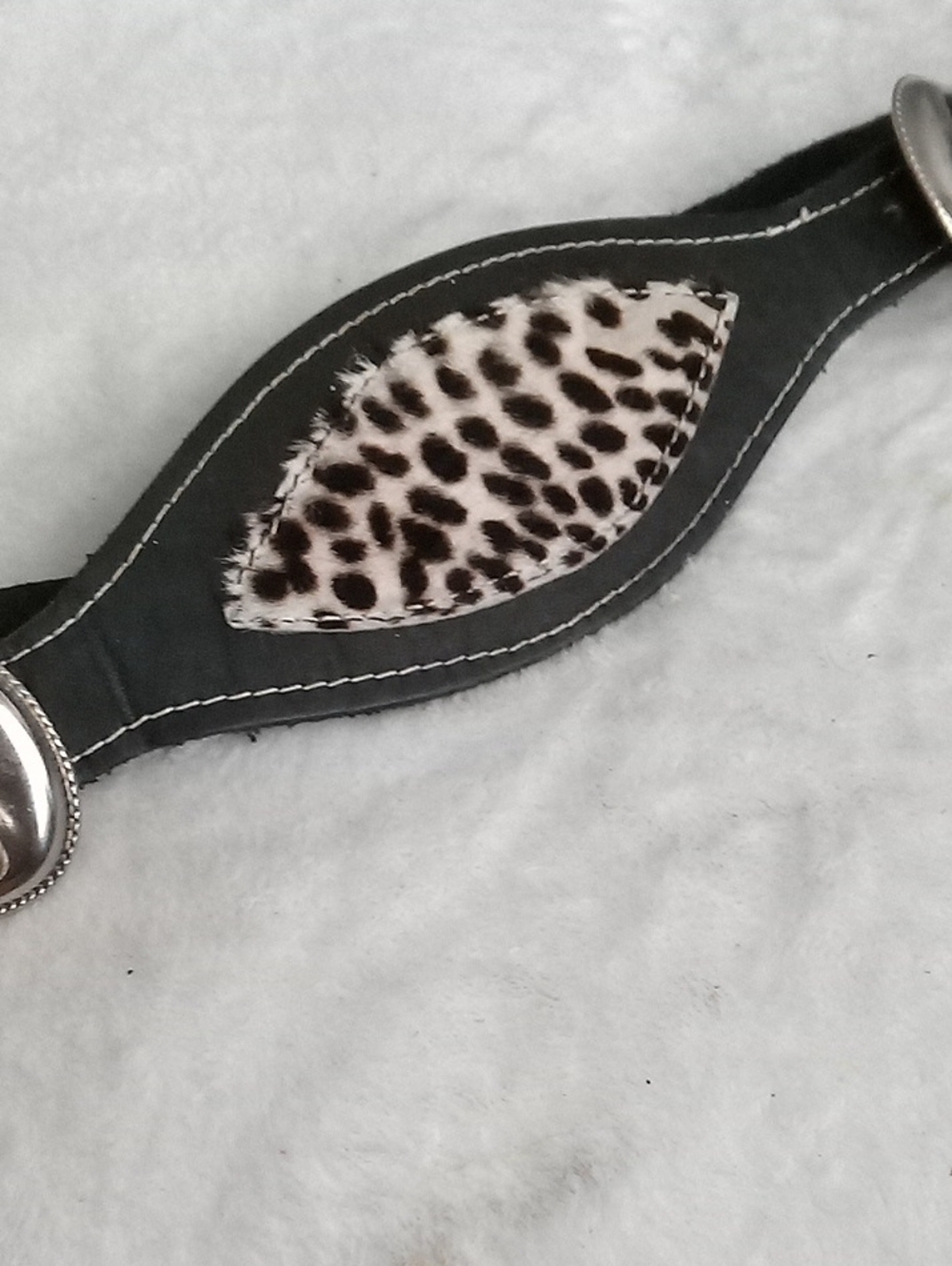 Womens Black Leather Belt with Leopard Haircalf Accent